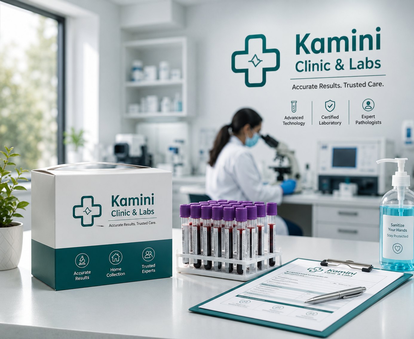 Kamini Clinic & Labs home collection kit, sealed sample tubes and a request form